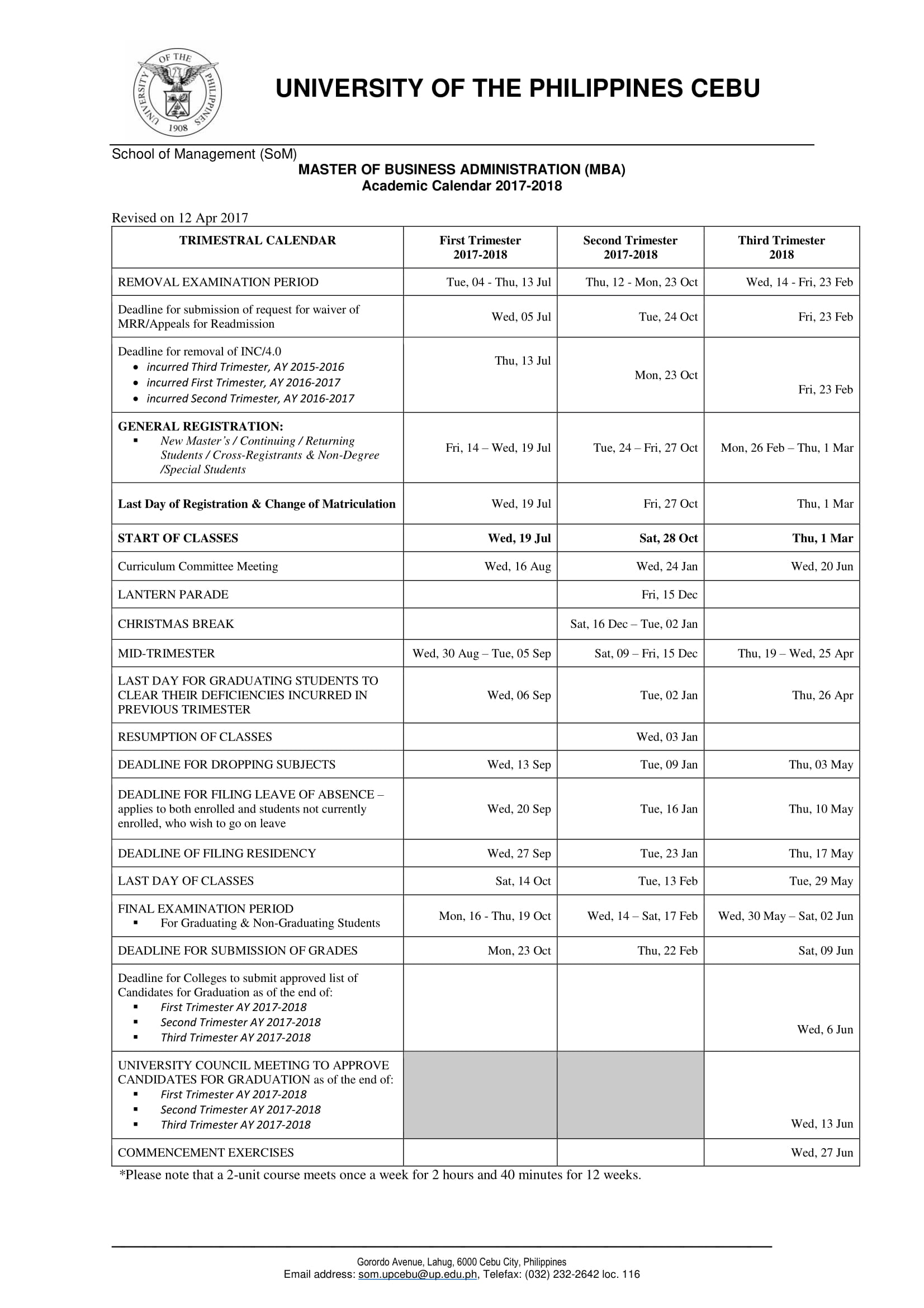 Academic Calendar University of the Philippines Cebu