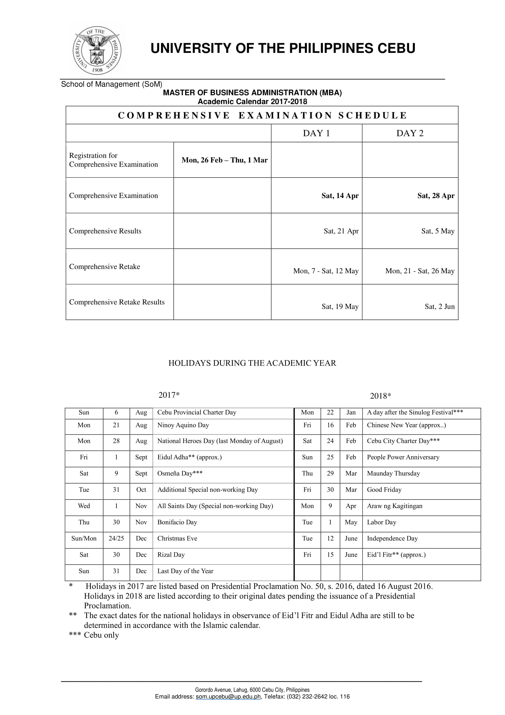 Academic Calendar University of the Philippines Cebu