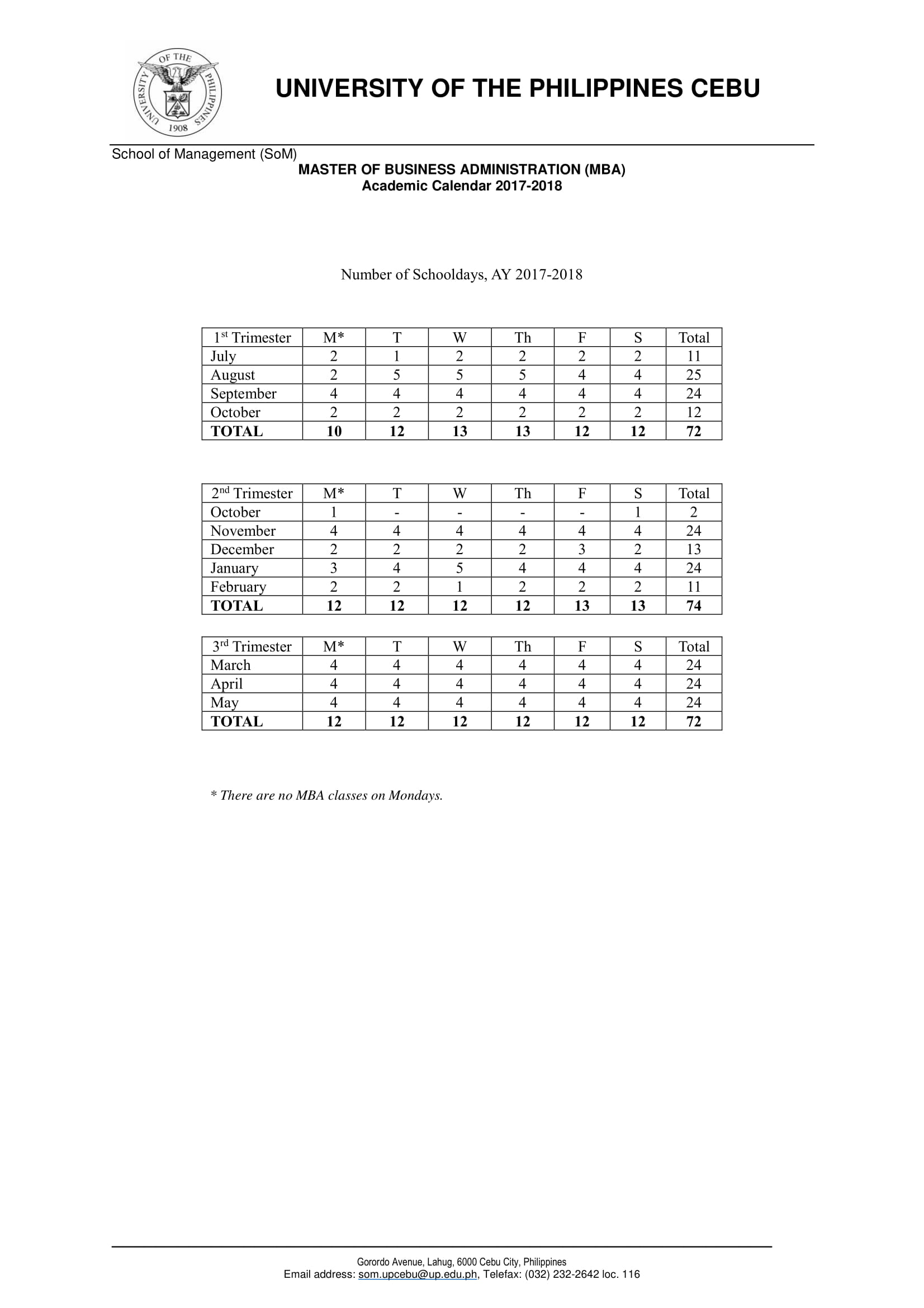 Academic Calendar University of the Philippines Cebu