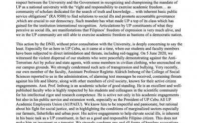 UP Cebu Administration’s Statement on DND’s Unilateral Abrogation of the UP-DND Accord