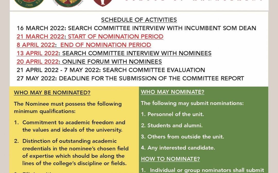 SEARCH for the Next Dean of the UP Cebu School of Management Schedule of Activities
