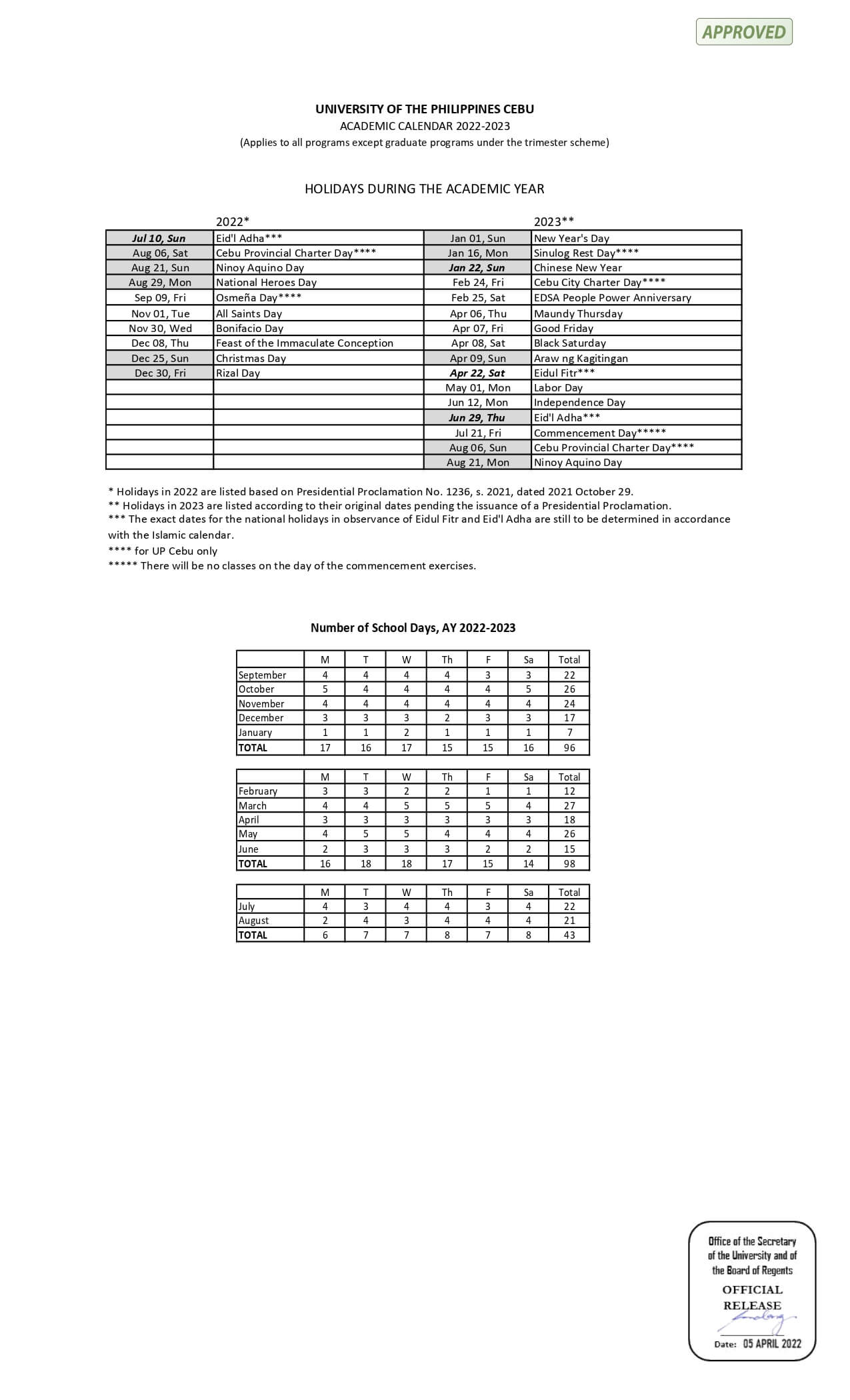 Academic Calendar University of the Philippines Cebu