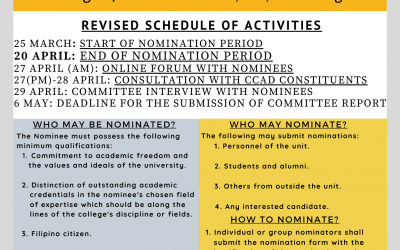 REVISED: SEARCH for the Next Dean of the UP Cebu College of Communication, Art, and Design (CCAD) Schedule of Activities