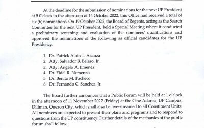 Memorandum No. OSU 2022-09-02: Official Nominees for the Next UP President/Public Forum