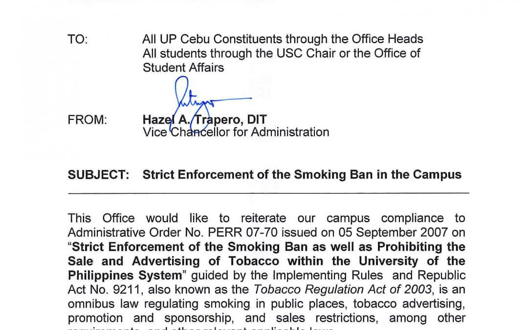 Memorandum No. OVCA-2022-025: Strict Enforcement of the Smoking Ban in the Campus